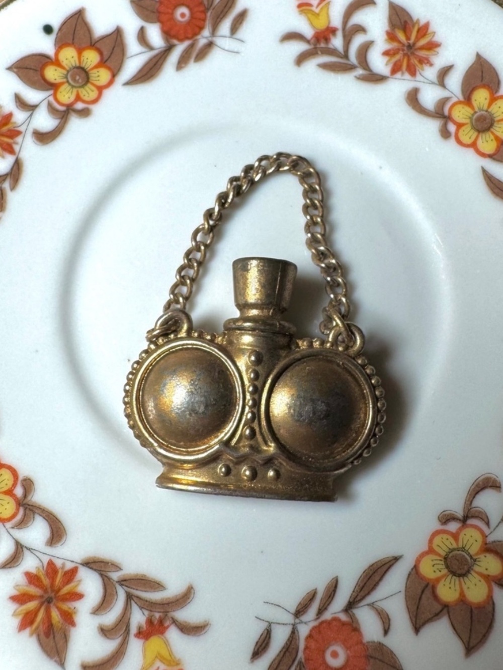 Vintage Brass Perfume Bottle Charm with Chain and Detachable Stopper